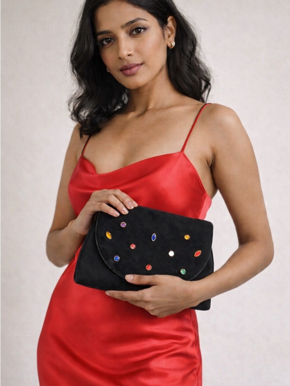 Vintage Magdesians Vegan Suede Rhinestone Shoulder Bag Clutch Y2K Minimal Glam